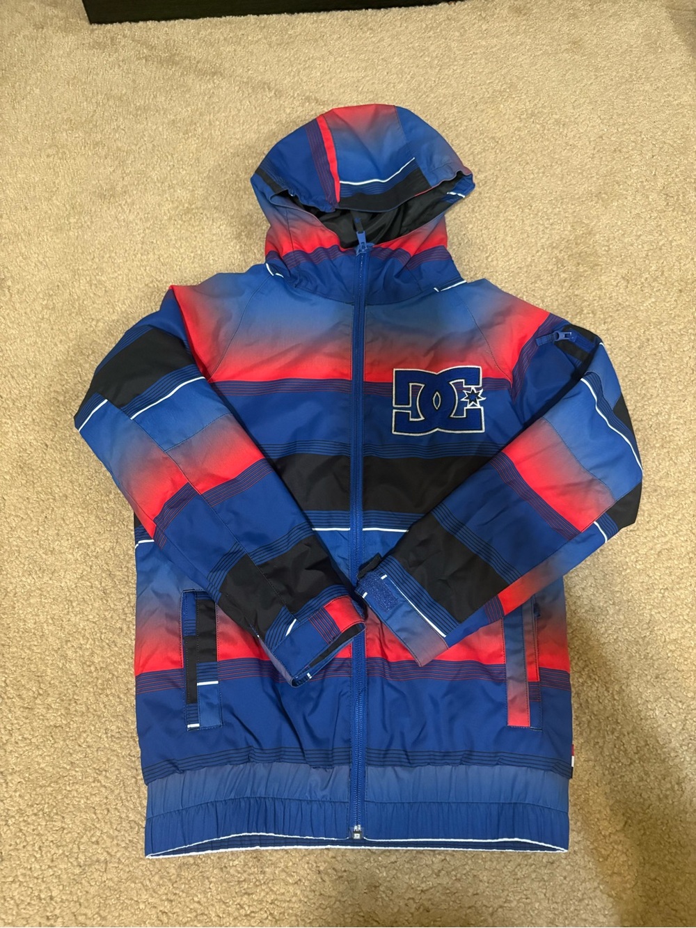 DC Hooded Puffer Jacket in Blue, Red & Black